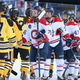Players from the Boston Pride (NWHL) and the Les Canadiennes (CWHL) shake hands following the Outdoor Womens Classic at Gillette Stadium on December 31, 2015 in Foxboro, Massachusetts.